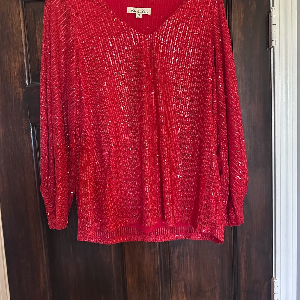 Red Sequin V-Neck Top